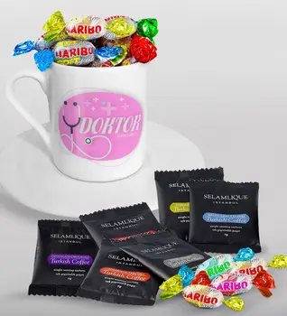 

Personalized Doctor Turkish coffee Cup Selamlique Mixed Turkish Coffee House and Haribo Candy Gift Seti-15