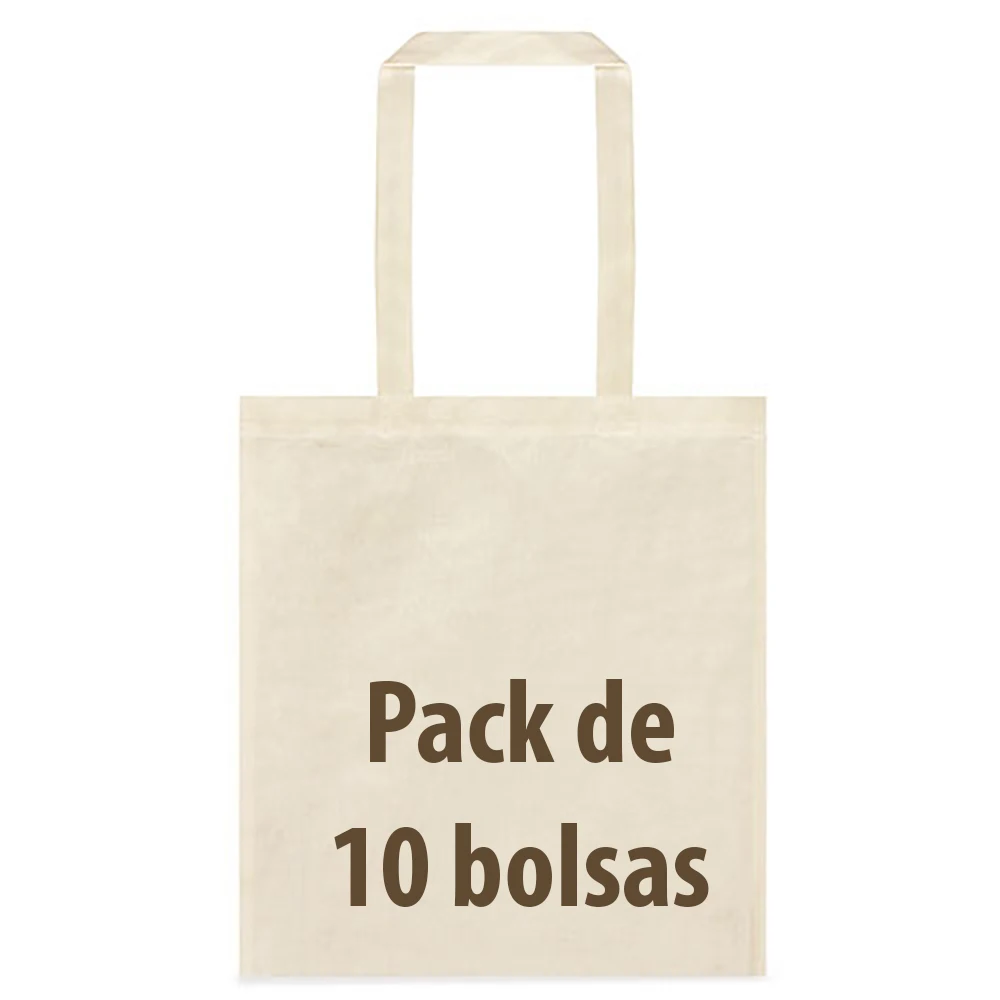 Bolsa Algodón natural 115 gr. Asas largas. Pack 10 unidades. Tamaño 41 x 38 cm. Regalos. Compra. Eventos. Ropa.