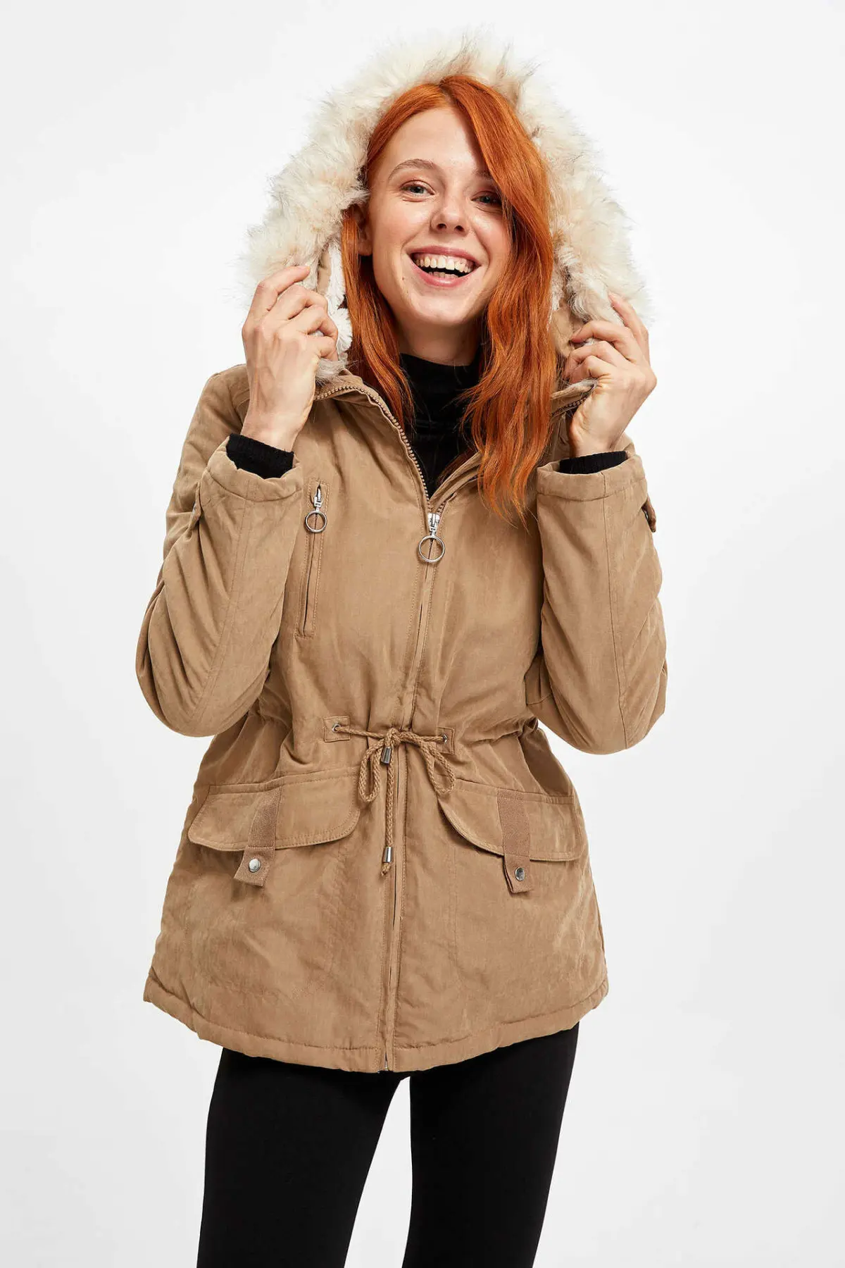 Дефакто Новая модная Шуба с капюшоном теплая Женская однотонная куртка с карманом на шнуровке женская зимняя-K8880AZ19WN
