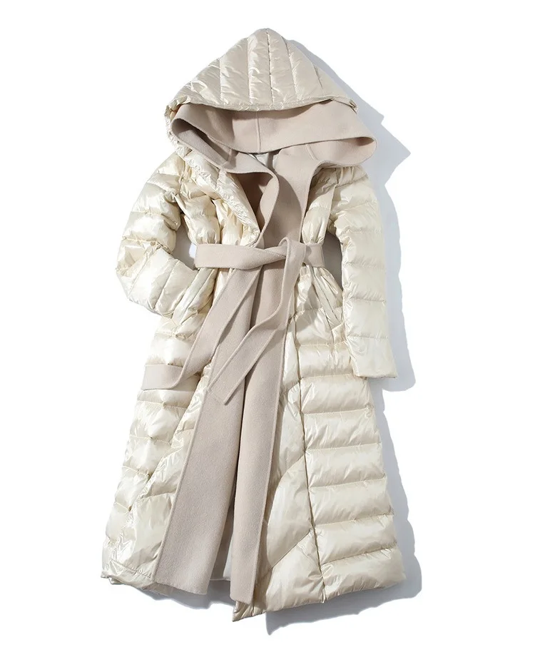 Obrix женский утиный пух наполнитель теплая куртка с капюшоном до колена кашемир длинный рукав пальто пояс зимняя парка для женщин