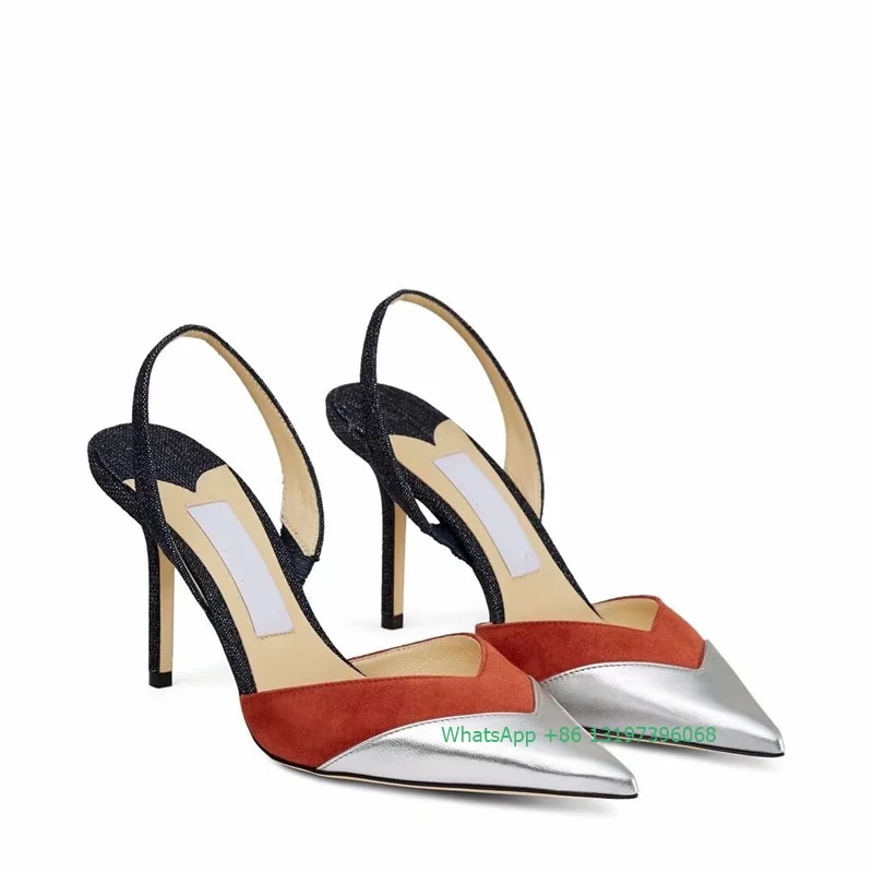 

lady mix color sliver point toe sexy singback high heels patchwork suede design sandals summer&fall daily pumps large size 46
