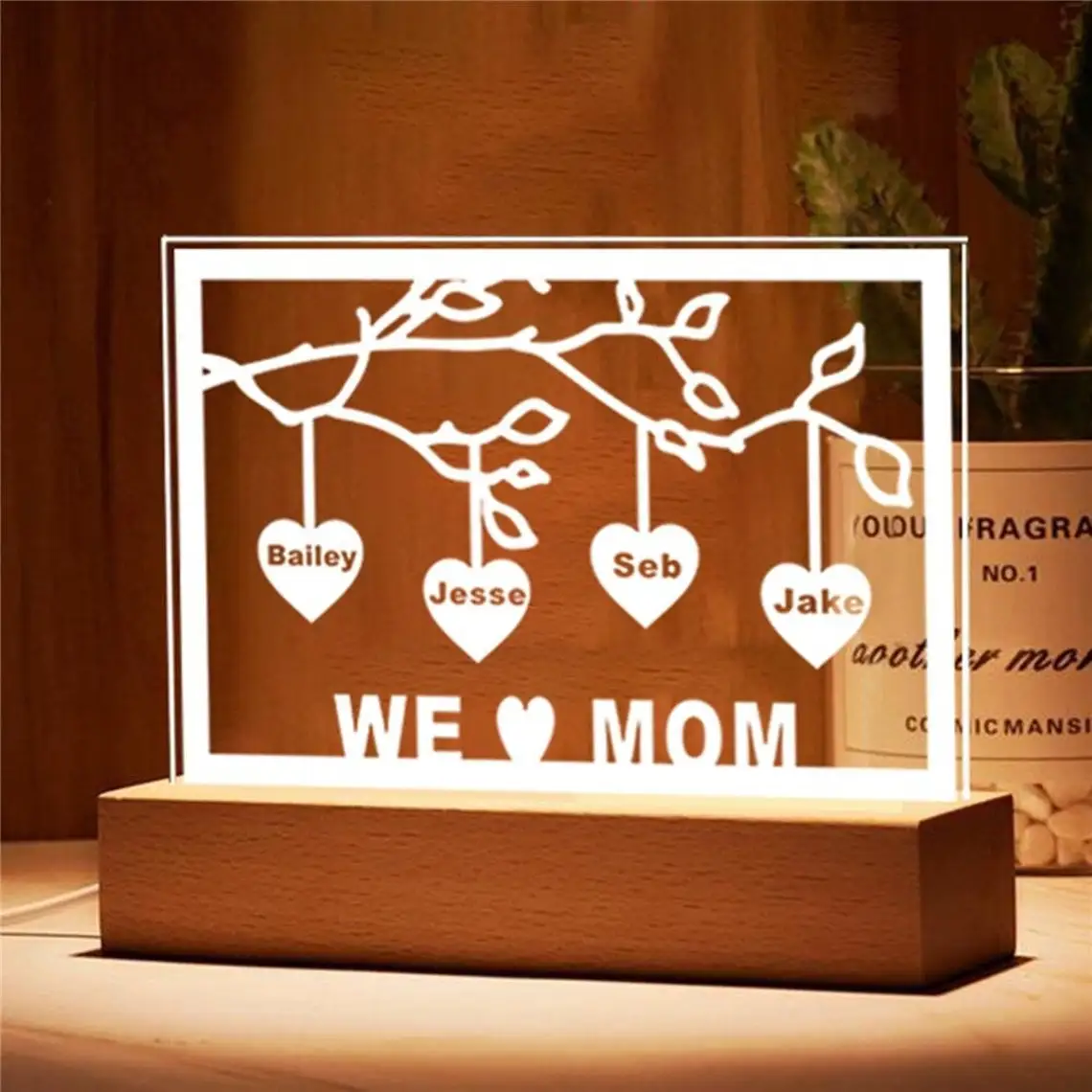 Personalized Family Tree Night Light Heart Names up to 12 Names USB Led Wooden Base Lamp for Mother’s Day Christmas Mom Gift