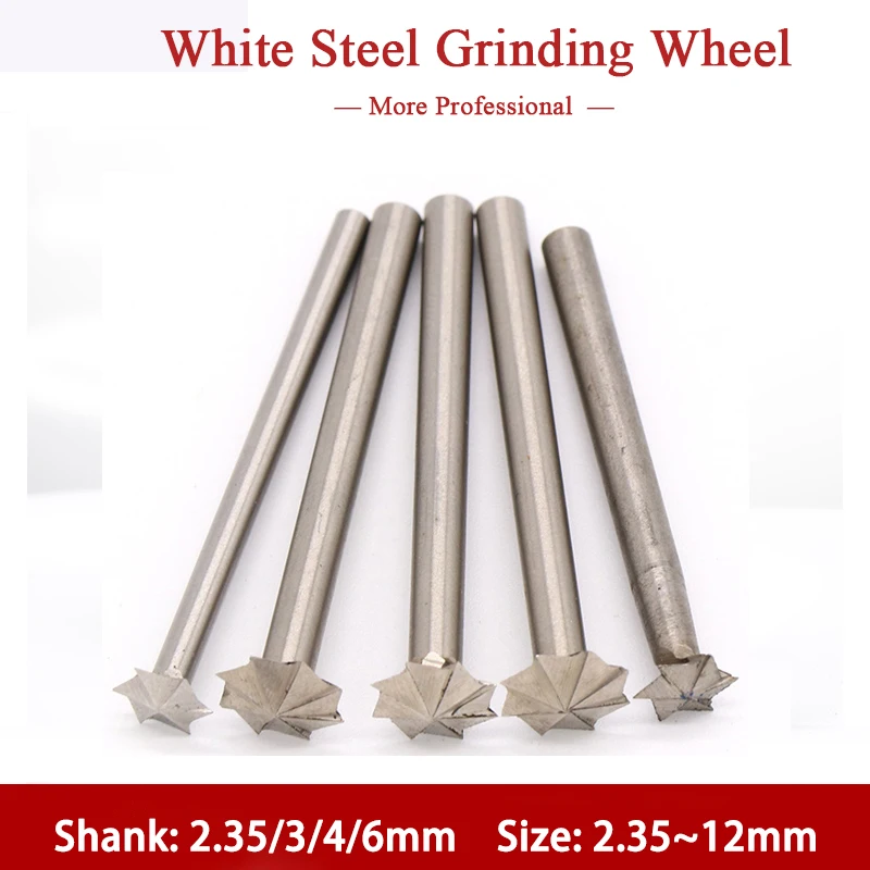 

1PC 2.35~12mm White Steel Grinding Head 2.35~6mmShank Bit Wood Carving Root Table Milling Cut Multi-page Knife Engraved Drill