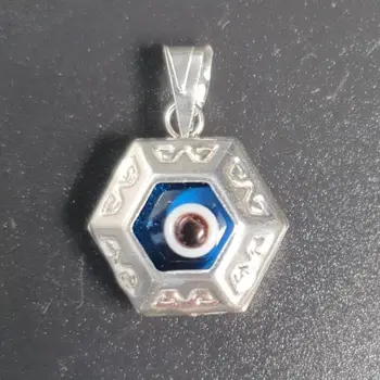 

Turkish eye pendant sterling silver hexagon charm Evil Eye protective necklace good luck