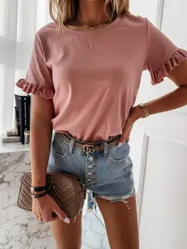 

2020 Simplicity Women T Shirt Solid O-Neck Cotton Summer Top Tee Female Casual Girls Plus Size Rufflued Butterfly Sleeve Clothes
