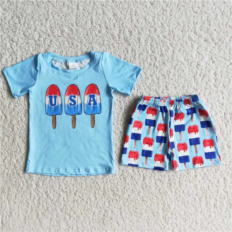 

New Summer Fashion Cool Special Design Blue Top Popsicle Print Baby Boy Children Boutique Wholesale Suit Clothing Set