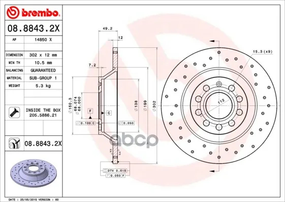 Диск Тормозной Задн, Audi: A6 04-, A6 Allroad 06-, A6 Avant 05- Brembo арт. 08.8843.2X