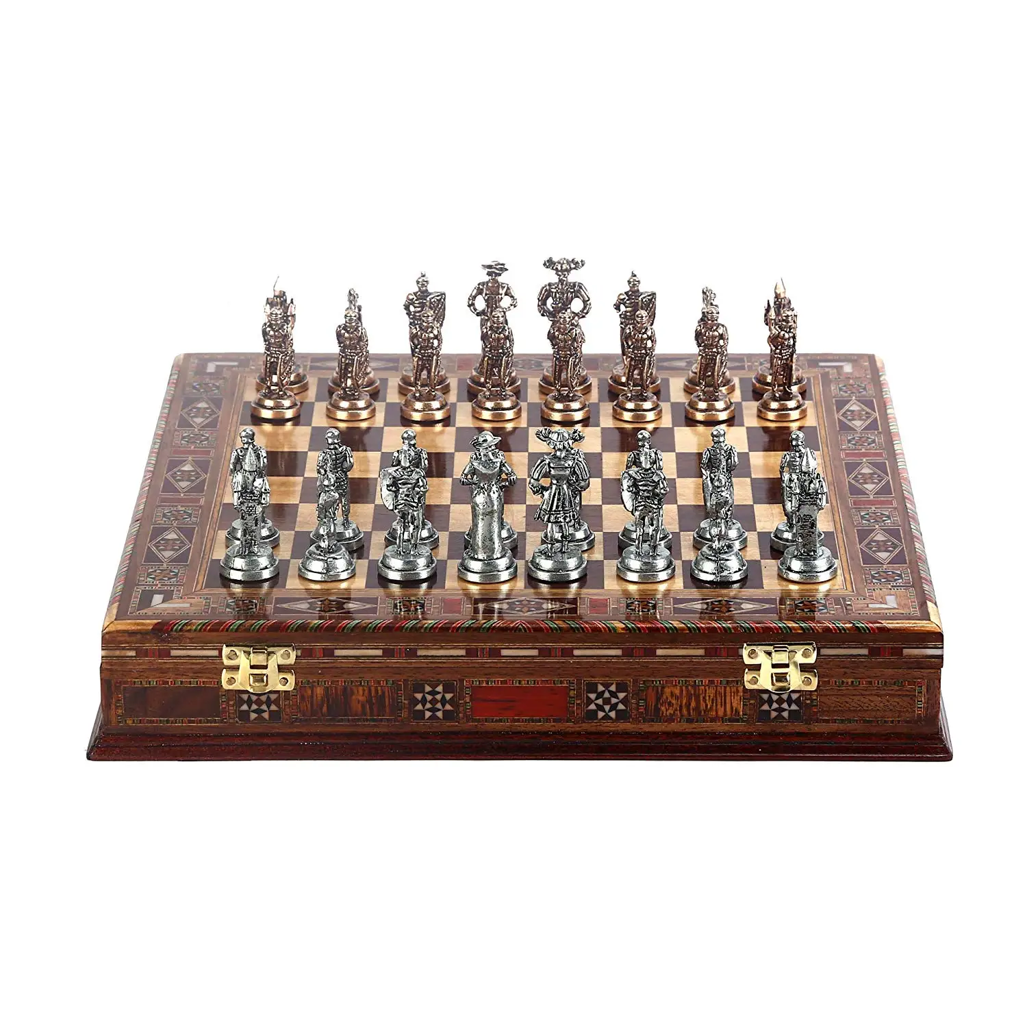 Historical Spanish Royal Guards Metal Chess Set,Handmade Pieces,Natural Solid Wooden Chess Board, Storage Inside King 7 cm