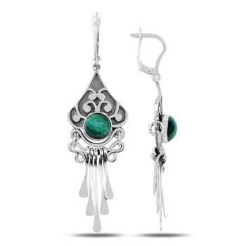 

Silver 925 Sterling Malachite Gemstone and Shaking Hand Handwork Earrings