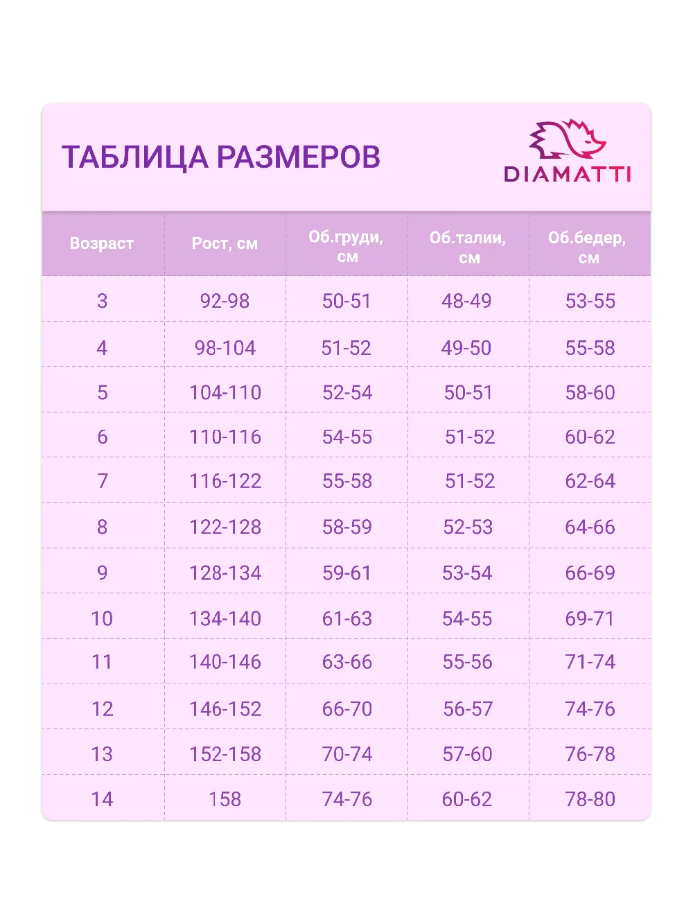 Таблица размеров DIAMATTI