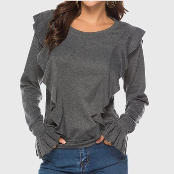 

Cute Ruffled Top Women Flared Sleeve T Shirt Solid Autumn Long Sleevve Tops Tee Casual Female shirts for women mujer camisetas