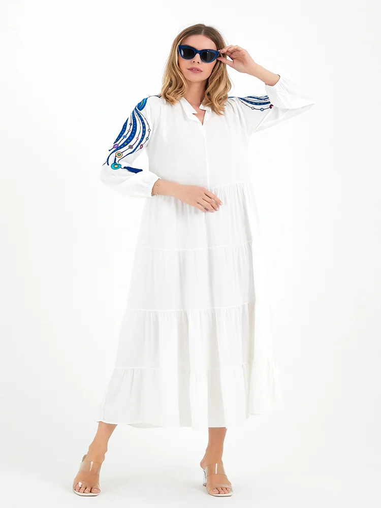 

Patterned Sleeves V-Neck Long Viscose Dress 2022 New Season Women's Clothing Collections 2 Color Option
