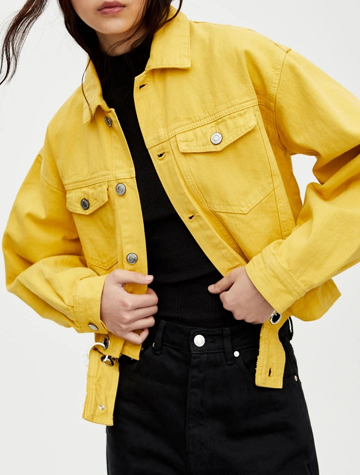 

Obrix Female Trendy Denim Jacket Square Collar Full Sleeve Short Pockets Chains Holes Streetwear Jacket For Women