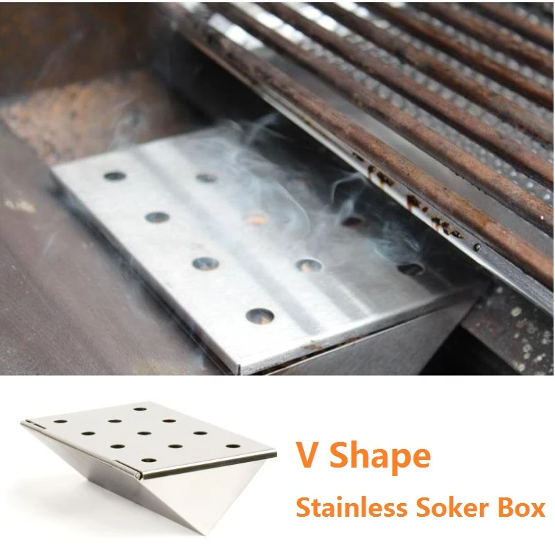 Bbq Durable Stainless Steel Gas Grill Vshaped Wood Chip Smoker Box For
