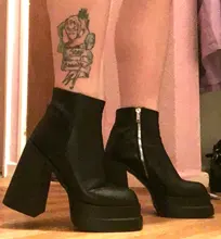 Zapatos de punta redonda con cremallera para mujer, tacones de plataforma de Botines de Cuero de tacón super alta gruesa, moda europea y americana