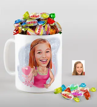 

Personalized Women 'S Caricature Of mug And Haribo Candy Gift Seti-49