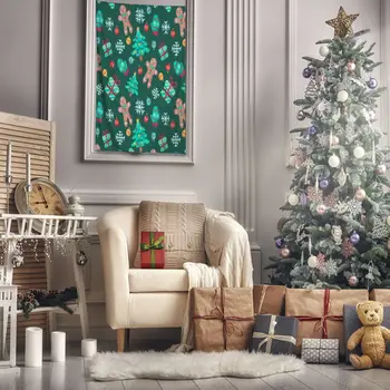 

Tapestry Gifts, Trees, Snowflakes, Cookies, Balls Christmas Celebration Theme Artwork Green Red Yellow