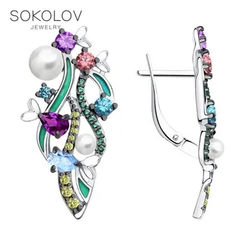 

SOKOLOV drop earrings with stones in silver with enamel and pearls and cubic zirconia fashion jewelry 925 women's/men's, male/female, long earrings, women's male