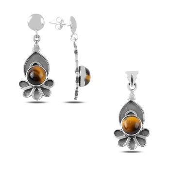 

Kutaydan Tiger Eye Stone Hand Job 925 Sterling Silver Set Made in Turkey