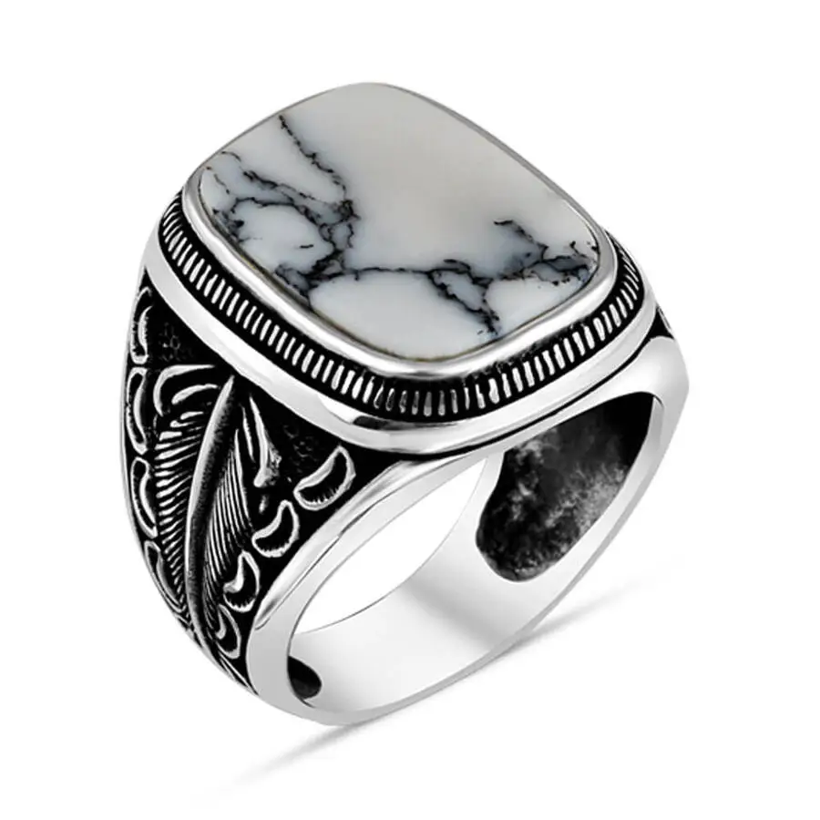 

Men Silver Ring With White Raw Turquoise Stone With Leaf Motif Made In Turkey Solid 925 Sterling Silver