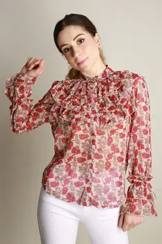 

Women's Front Frilled Handle Wheel Pattern Chiffon Shirt