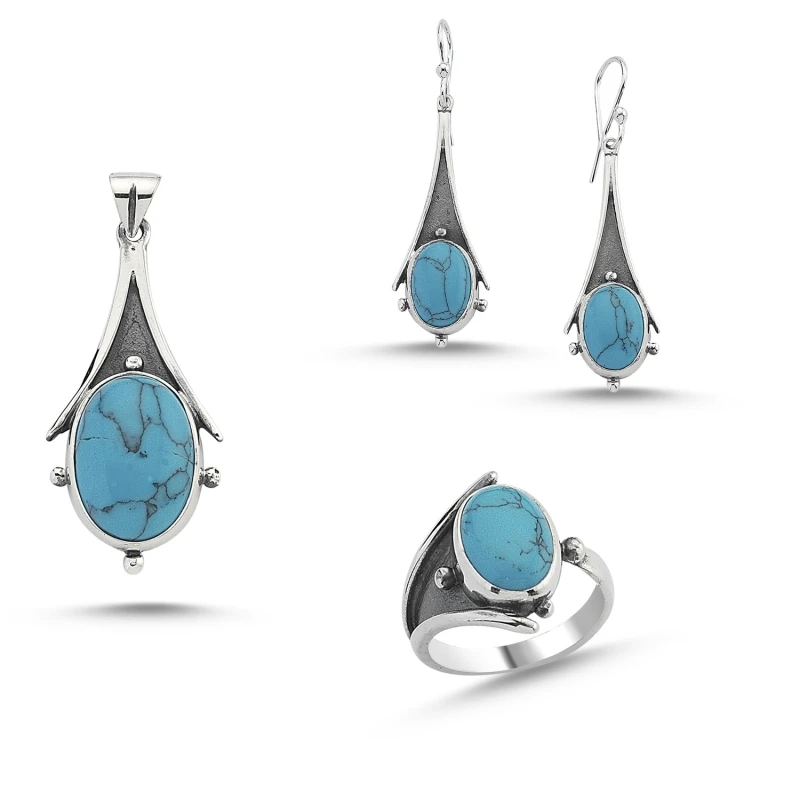 

Silver 925 Sterling Turquoise Stone Handwork Set