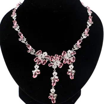 

60x22mm Luxury 21.6g Pink Morganites White CZ Engagement Ladies Silver Necklace 19-20 inch