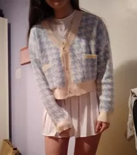 HEYounGIRL pata de gallo a cuadros estampado Cardigan mujeres otoño cuello V Vintage Top corto de punto suéter Casual suelto de punto de invierno