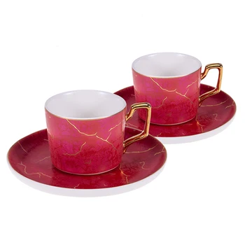 

Emsan Gonul Red 2 Person Coffee Cup Set Turkish Coffee Espresso 2 Cups + 2 Saucers Gift For Women Made in Turkey %100 Original