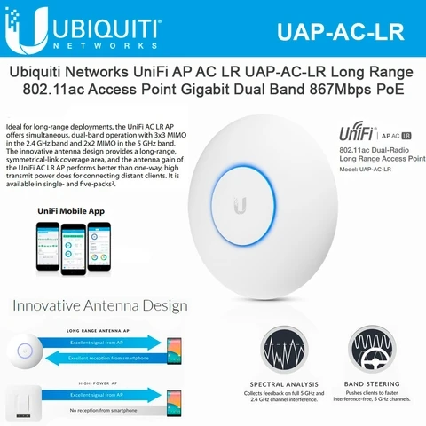 Ubiquiti UniFi AC Long Range(UAP-AC-LR) точка доступа, 2,4 ГГц Скорость 450 Мбит/с, 5 ГГц Скорость 867 Мбит/с