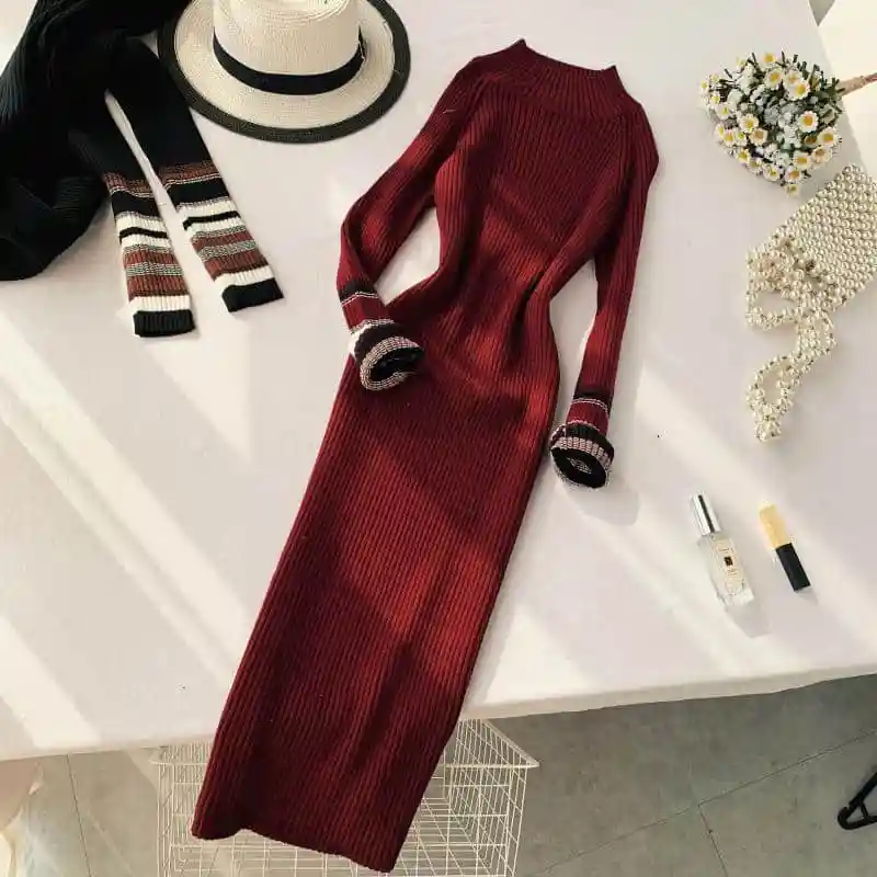 

2019 autumWomen Pit Sweater Knitting Dress Long Sleeves Slim Elegant Dresses pullovers knitwear vertical stripes pit Warm Dress