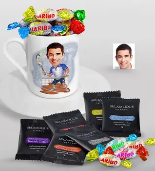 

Personalized Men 'S Tennis Player Caricature Of Turkish Coffee Cup Selamlique Mixed Turkish Coffee house And Haribo Candy Gift Seti-1