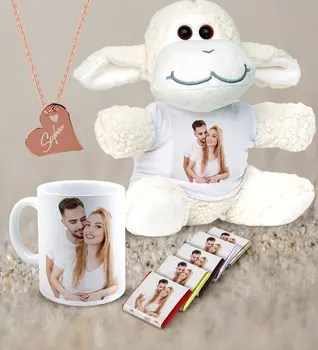 

Personalized Photo Plush Lamb Mug If You Would Chocolate and Rose Heart Necklace Set