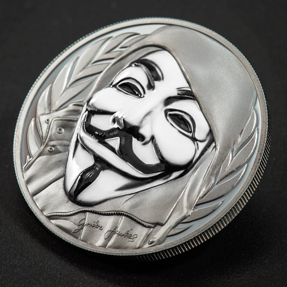 GUY FAWKES маска Anonymous V для вендетты 1 унция черный Доказательство Серебряная монета 5$ Острова Кука