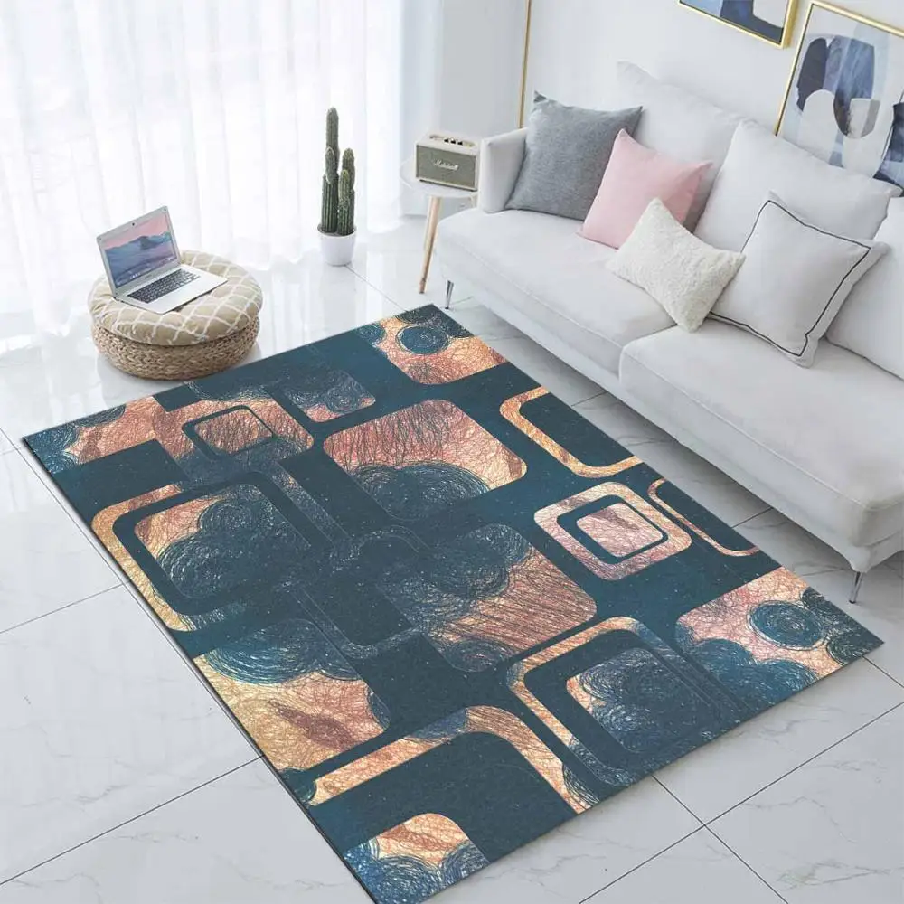 Синий коричневый геометрический квадратный абстрактный 3d принт Нескользящая микрофибра Гостиная декоративный современный моющийся коврик