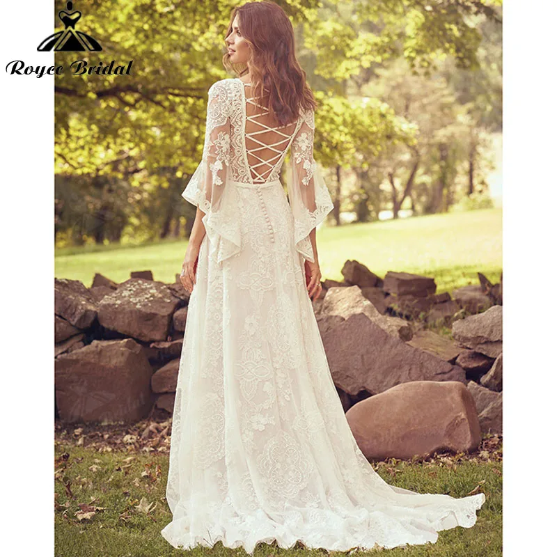 Boheme A Line Boho Wedding Dress Lace V Neck Lace Open Back Three Quarter Flare Sleeve Bridal Gown Customized robe de mariée 3