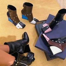 

Ladies mix color square toe short boots thick heel boots catwalk high heel boots daily wear wedge boots large size footwear 43