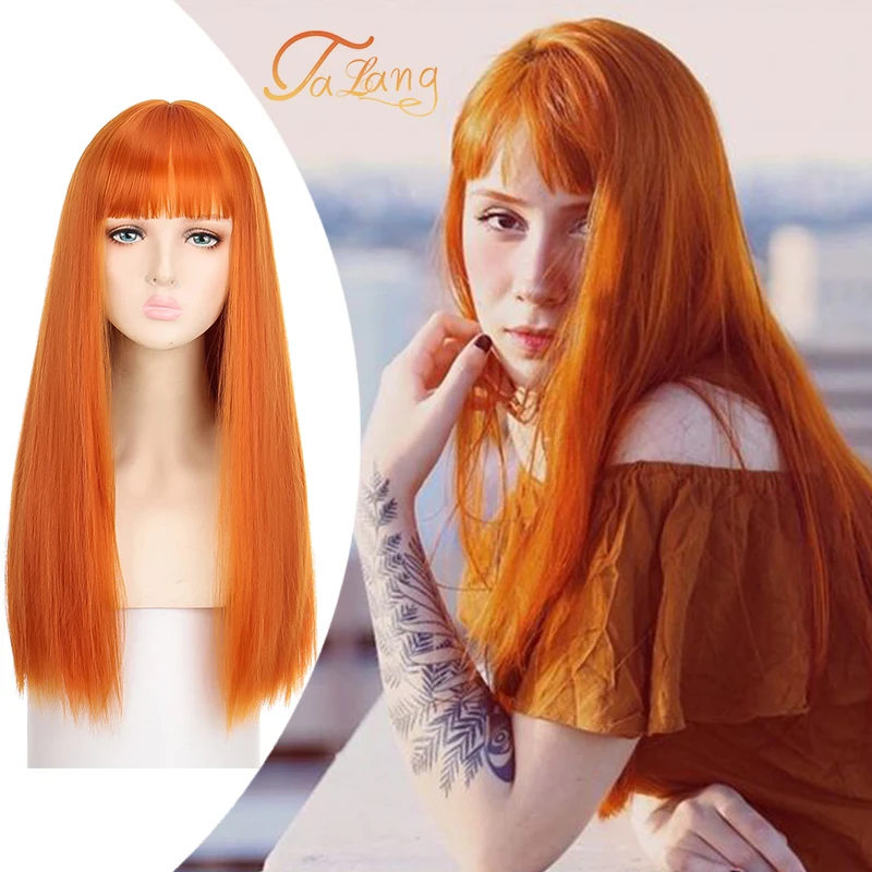 

LATANG Synthetic Wig Long Straight Fresh Orange Wig With Bangs Synthetic Hair Wig Bangs With Wig Ladies Fresh Orange Heat Resist