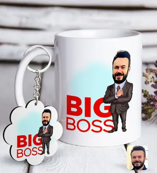 

Personalized Men 'S Big Boss Caricature Of White mug And Keychain Gift Seti-2