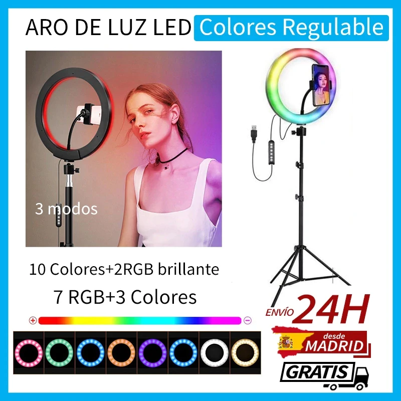 Aro De Luz colores RGB Usb de belleza Video Studio Foto CΓrculo lΓ‘mpara regulable selfie aro de luz LED con soporte del trΓpode
