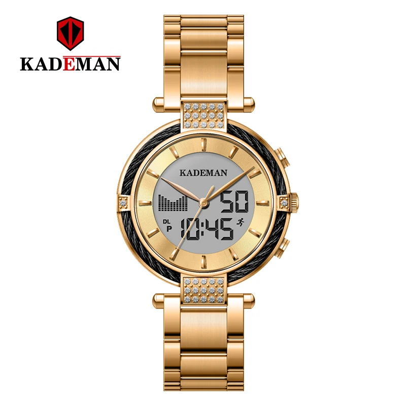 Kademan, новинка, K9080, элегантные кварцевые и цифровые женские часы, ЖК-экран, Relogio Feminno, Роскошные, бизнес стиль, модные, водонепроницаемые - Цвет: K9080-GB-G-G