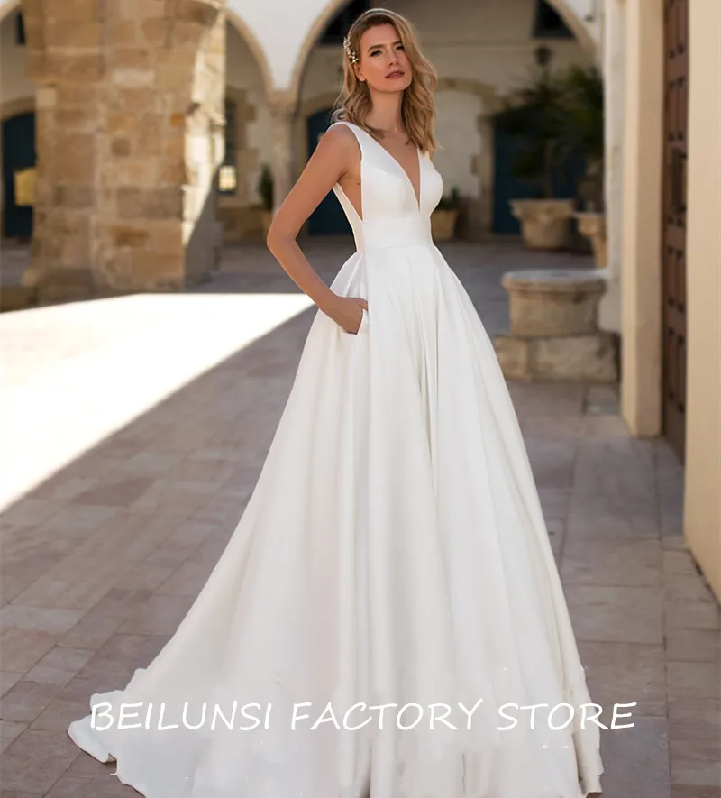 Abiti da sposa semplici in raso bianco abiti da sposa 2022 scollo a V con  scollo a V con tasche abito da sposa economico senza schienale per spose|Wedding  Dresses| - AliExpress