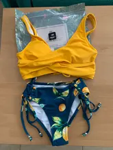 Swimsuit Women Bikini-Sets Bathing-Suits Lemon CUPSHE Lace-Up Print Two-Pieces Sexy Yellow