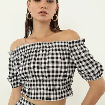 여성 블라우스 격자 무늬 여름 패션 티셔츠 코튼 2022 새로운 컬렉션 Streetwear Backless 자르기 탑 스트랩 캐미솔 섹시한