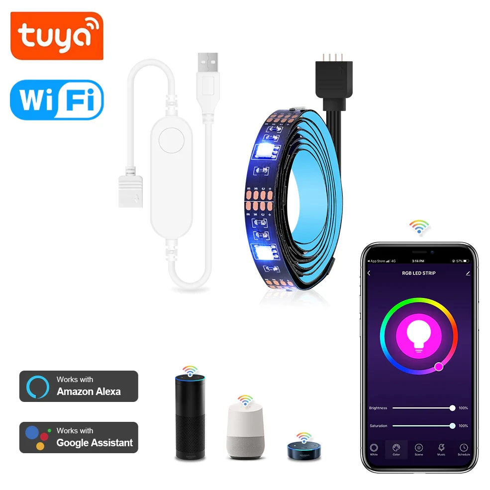 5V USB Tuya Smart Life WIFI RGB 5050 LED Strip Light PC/TV Backlight for Alexa 