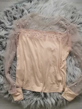 Blusa de manga larga ahuecada con volante elegante para otoño, camisa Sexy de malla transparente con cuentas y cuello redondo para mujer