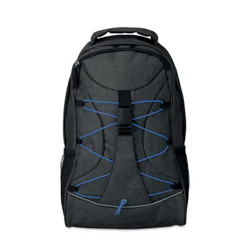 

Backpack 600D polyester two tone coated colors and decorative lace on the front.