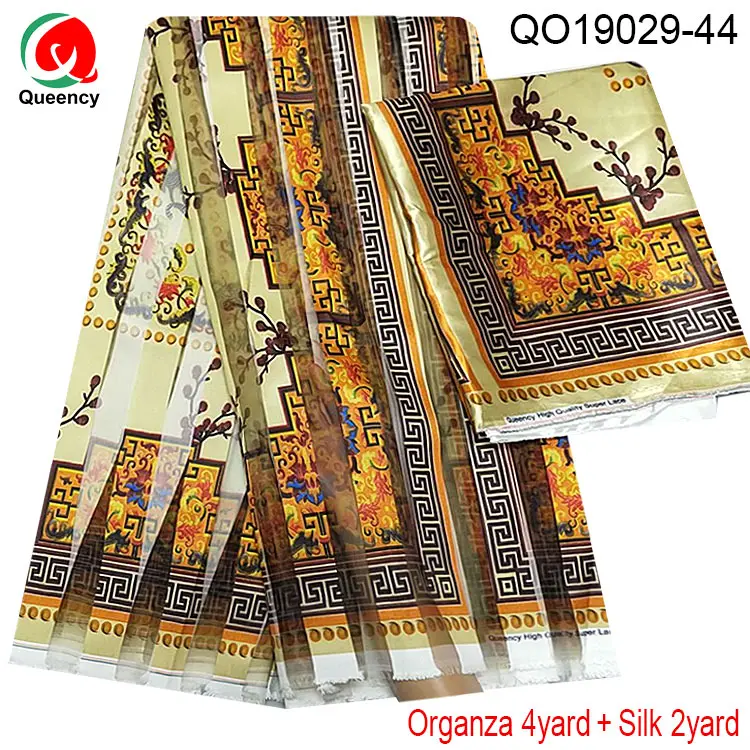 QO19029 DHL-чистый шелк с органзой ткань Африканская абкара африканская вощеная ткань принтом 4+ 2 ярдов органза лента шелк для платья - Цвет: QO19029-44