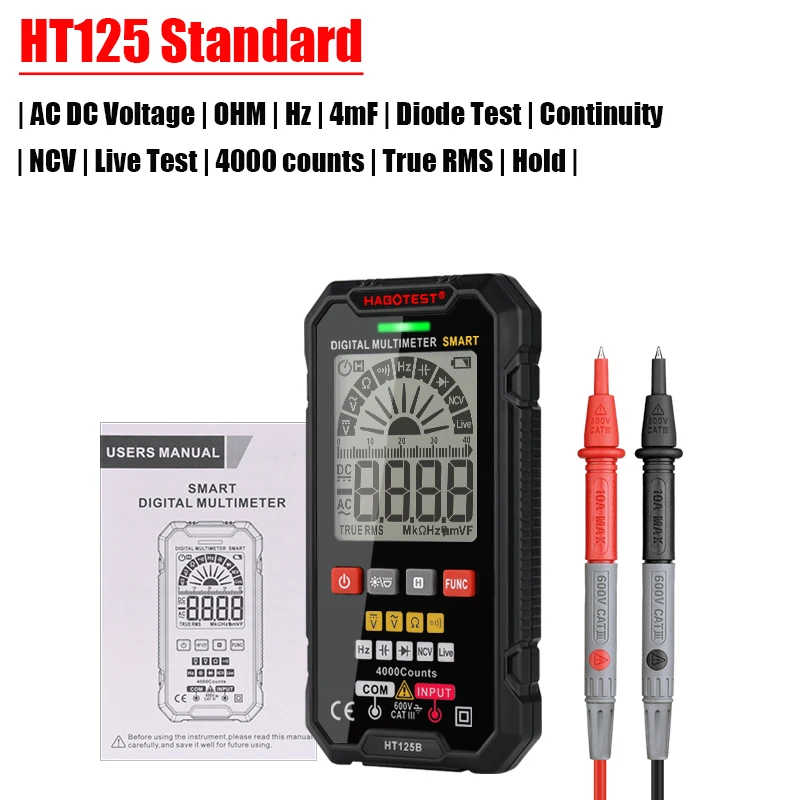 HABOTEST DMM HT125 Digital Multimeter Professional Auto Smart Range Ohm Capacitance Hz Diode Continuity Wiring Check AC DC 600V tape measure tool Measurement & Analysis Tools