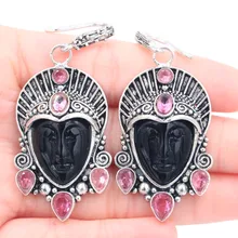 61x22 мм классические длинные большой тяжелый Персидского богини с черным ониксом в уход за кожей лица розовый турмалин Серебряные серьги